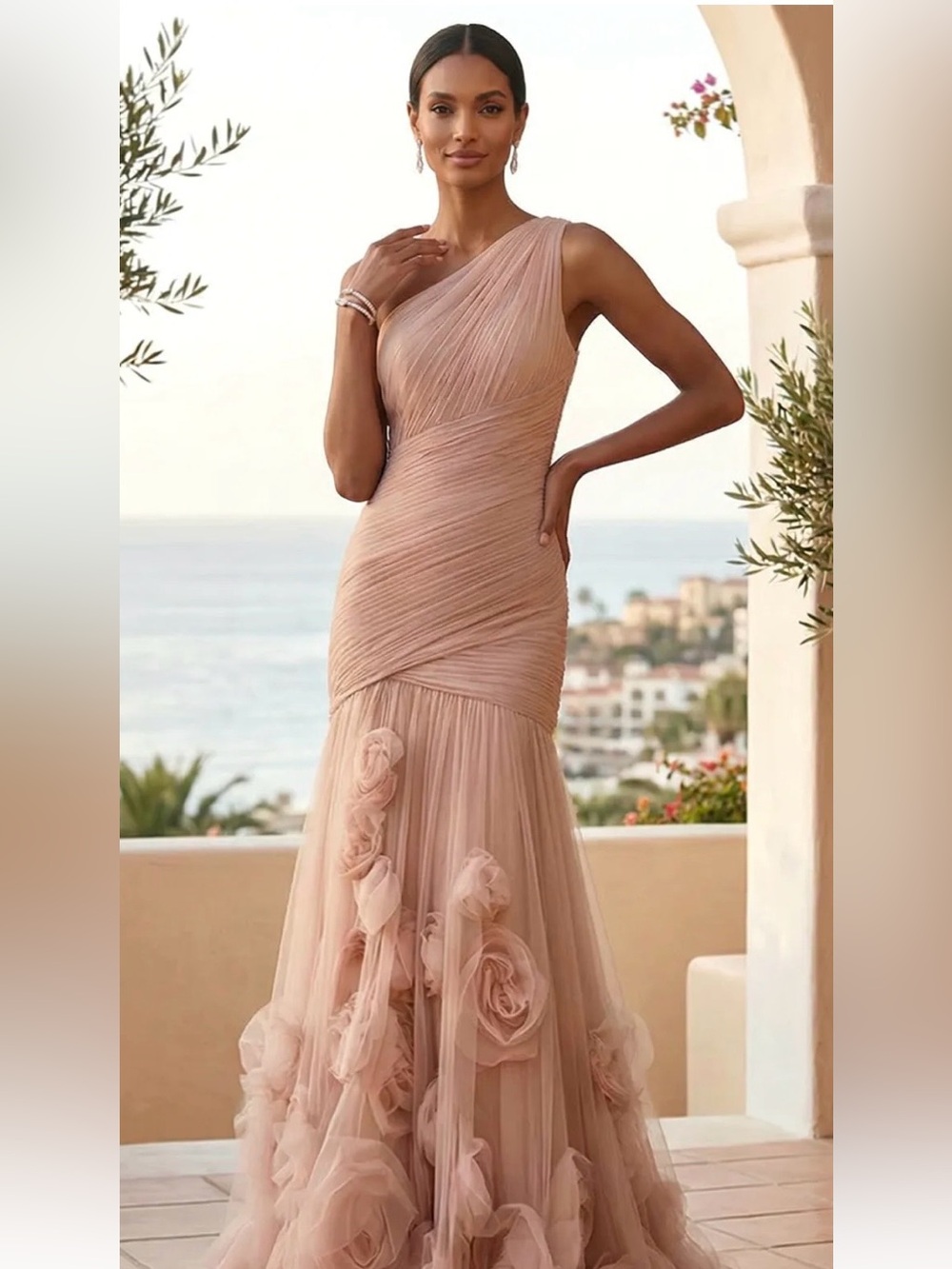 One-Shoulder Blush Pink Tulle Mermaid Gown